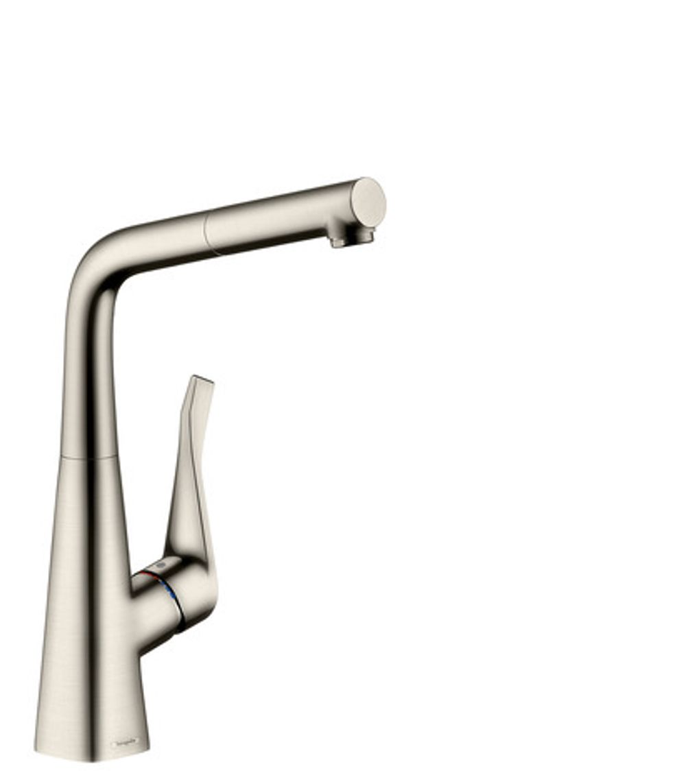 https://raleo.de:443/files/img/11eeea41c547446092906bba4399b90c/size_l/Hansgrohe-HG-Spueltischmischer-320-Metris-M71-Ausziehauslauf-1jet-sBox-edelstahl-optik-73812800 gallery number 1